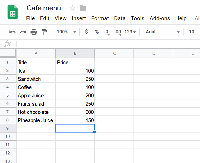 Google Sheet's screentshot
