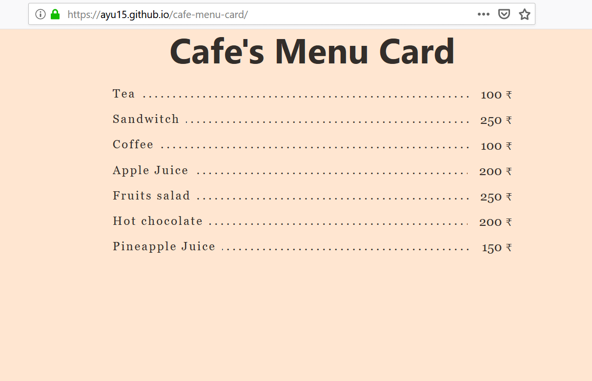 Cafe's Menu Card